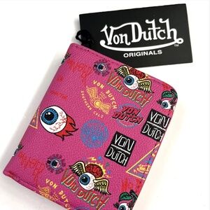 Von Dutch Jax Hot Pink Bifold Wallet Skull Eye Wing Y2K Zip Coin Purse NWT